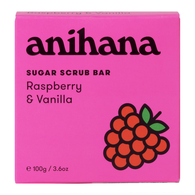 The pink box labeled Anihana Sugar Scrub Bar offers gentle exfoliation with raspberry graphics and green leaves. Enriched with coconut oil, it weighs 100g or 3.6oz, highlighted in black text.