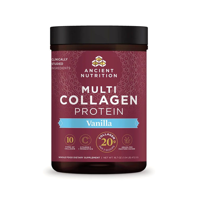 Ancient Nutritions Multi Collagen Protein Powder in vanilla offers 10 collagen types, delivering 20g per serving. Enhanced with Vitamin C and probiotics, it weighs 1.16 lbs (527.5g).