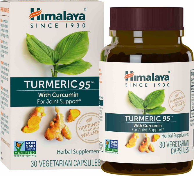 A box and bottle of Himalaya Tumeric capsules highlight its Ayurvedic roots, with turmeric images and text With Curcumin for Joint Support. Labels say “Non-GMO Project Verified” and “Herbal Supplement,” offering 30 vegetarian capsules rich in curcuminoids.