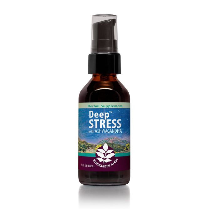 A 2 fl oz bottle of Deep Stress herbal supplement by WishGarden Herbs, infused with Ashwagandha for stress relief, features a spray nozzle and a label with a mountainous landscape.