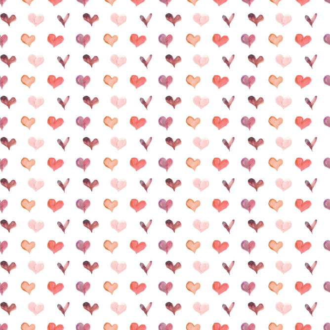 The Waterleaf Paper Companys Dissolvable Gift Wrap features a seamless pattern of watercolor hearts in pink, red, and purple on white, designed with eco-friendly methods. Evenly spaced in a diagonal grid, its perfect for gift wrapping.