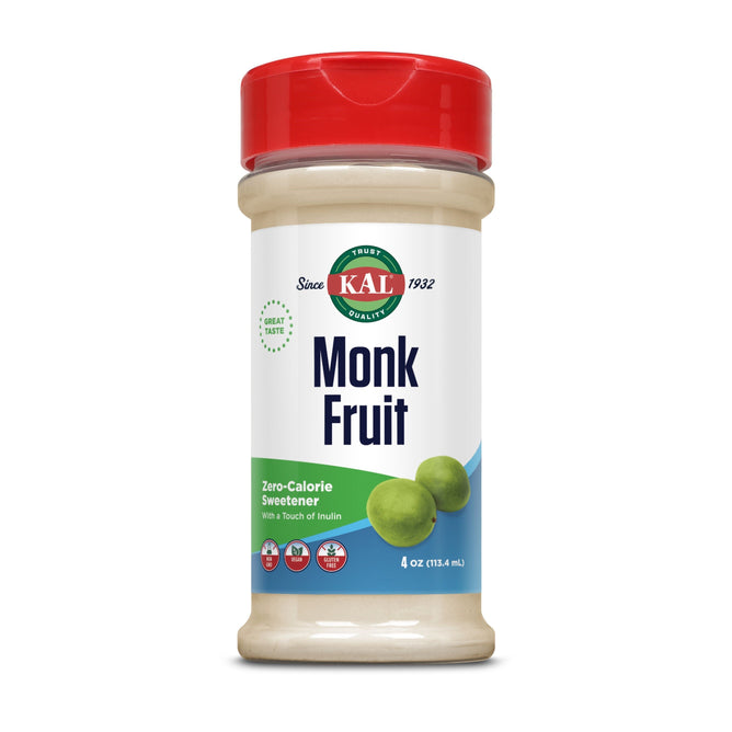 This image features a 4 oz container of KAL Monk Fruit Powder, ideal for keto enthusiasts seeking a low-calorie sweetener. The white packaging with a red lid showcases green monk fruits and is labeled as zero-calorie and contains inulin.