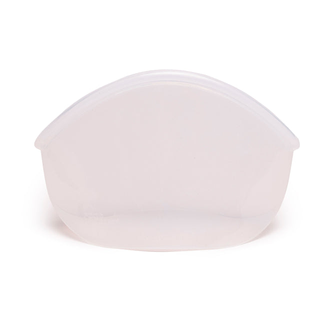 The Food Huggers Hugger Bag (VIP Discount) is a translucent, curved snack container with matching lid, photographed on white. This dishwasher-safe design combines convenience and style.