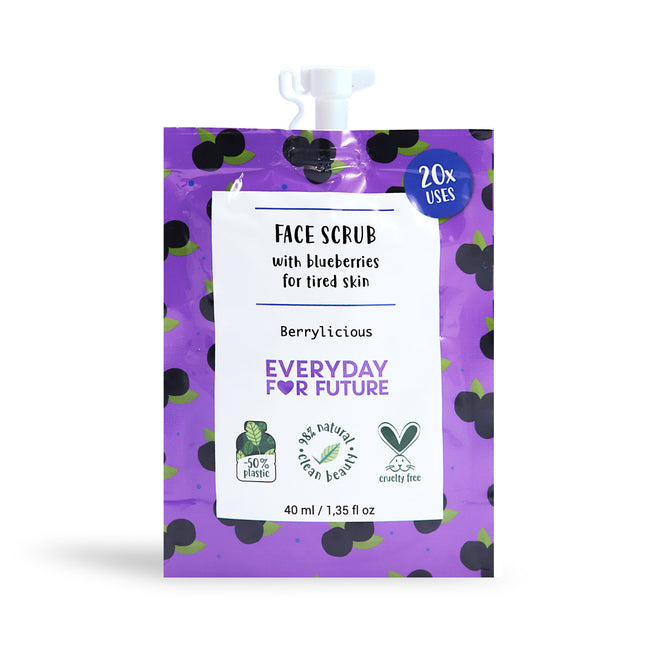 The Everyday For Future Face Scrub in a 40 ml pouch boasts antioxidant-rich blueberries. Its purple packaging with blackberries highlights its berrylicious nature, being 98% natural, vegan, cruelty-free, and made with 50% less plastic.