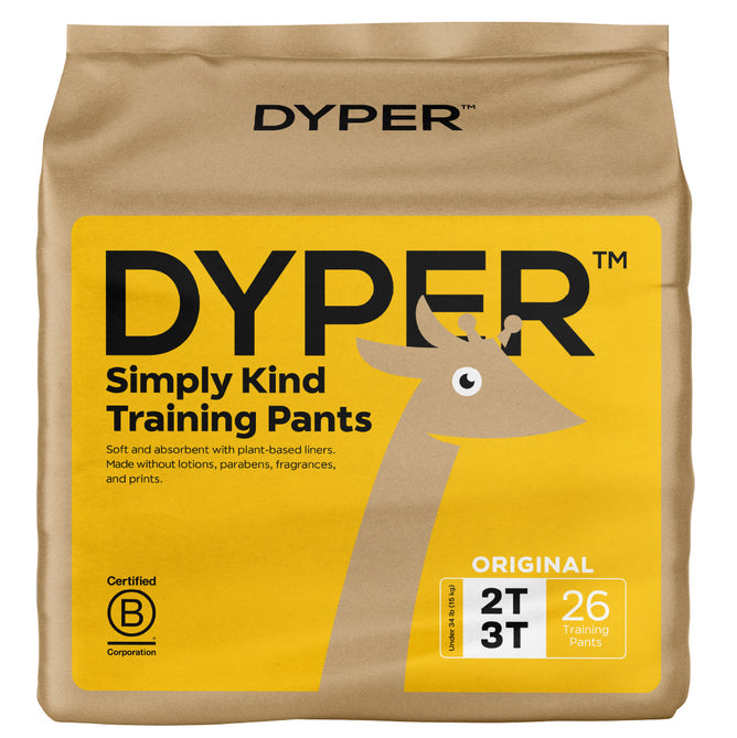 A tan package of DYPER Toddler Pull Up Style Potty Training Pants for girls and boys, sizes 2T-3T, featuring a yellow giraffe. The chlorine-free pack includes 26 day and overnight protection training pants.