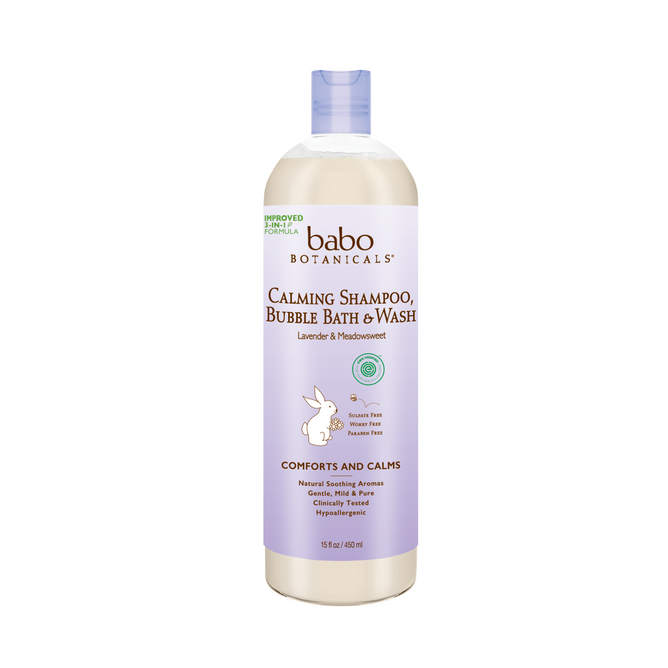 Babo Botanicals Calming Bubble Bath & Wash offers a relaxing aromatherapy experience with lavender and meadowsweet. The 15 oz plant-based formula is gluten and soy-free, clinically tested, and features a calming bunny illustration on the label.