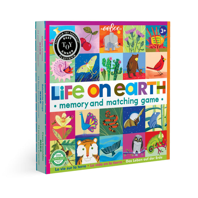 A colorful box for the Life on Earth Animal Memory Game by eeBoo Piece & Love, featuring Melissa Sweet’s vibrant nature art. The box has English, French, Spanish, and German text and is designed for ages 3+.