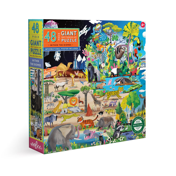 The Within the Biomes 48 Piece Giant Puzzle by eeBoo Piece & Love features vibrant illustrations of animals and plants from various habitats. This educational puzzle is ideal for ages 4 and up.