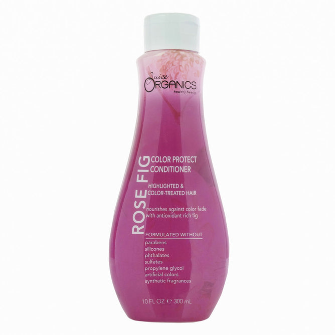 Juice Organics Rose Fig Color Protect Conditioner by Juice Beauty is designed for highlighted and color-treated hair in a pink bottle. Free from parabens, silicones, phthalates, sulfates, and synthetic fragrances, it provides antioxidant-rich fig protection against color fade.