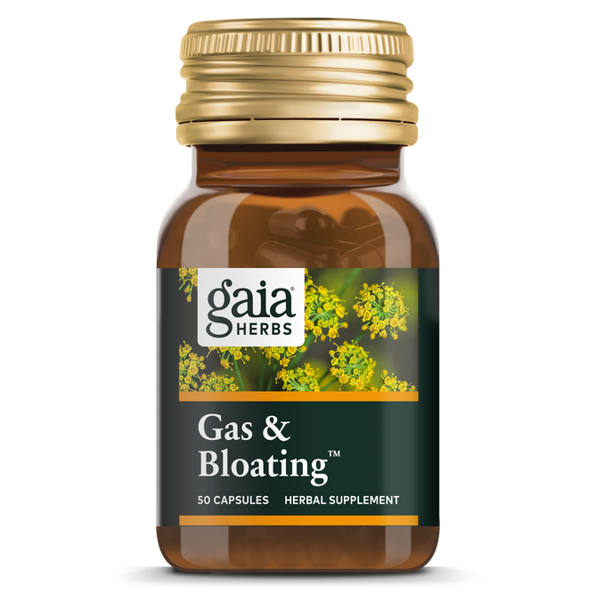 A brown bottle with a gold lid labeled Gaia Herbs Gas & Bloating™, featuring a yellow flowering plant on the label, contains 50 herbal supplement capsules for effective digestive support and gas relief.