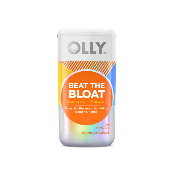 A white OLLY Beat the Bloat dietary supplement container provides belly bloat relief with digestive enzymes and botanical extracts, including dandelion, ginger, and fennel. It contains 25 capsules for effective discomfort easing.