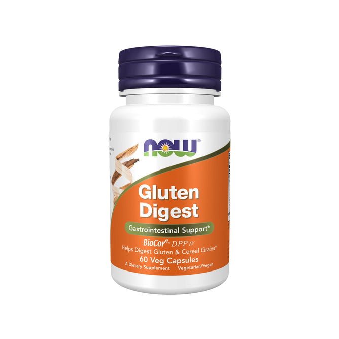 A bottle of NOW Foods Gluten Digest Enzymes for gastrointestinal support has a BioCore® DPP IV enzyme blend. Its orange and white label with blue and green accents indicates it contains 60 vegetarian capsules to help digest gluten and cereal grains.