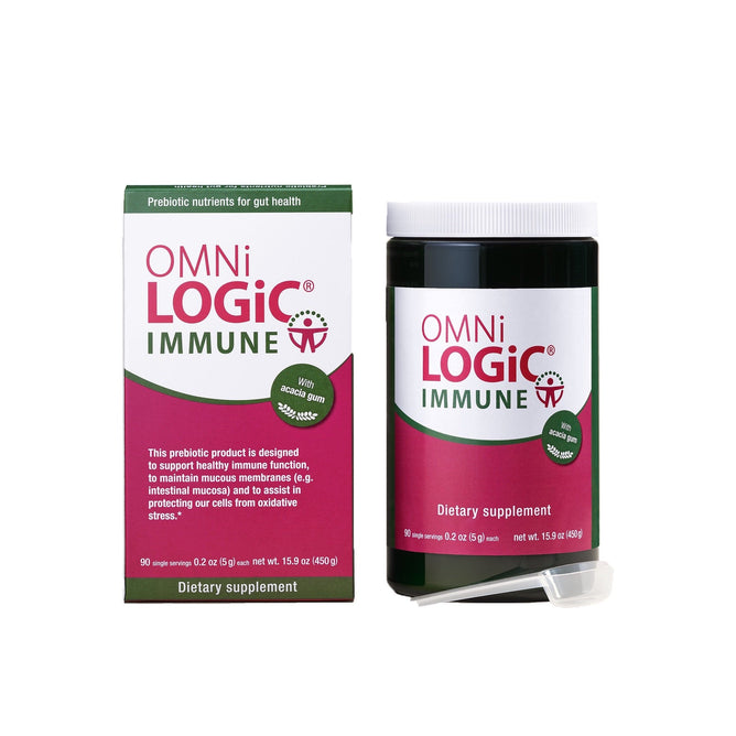 The Omni-Biotic Omni-Logic Immune prebiotic supplement comes in a green and white container with purple accents. It is designed to support gut bacteria and boost your immune system, providing 90 servings for optimal gut health.