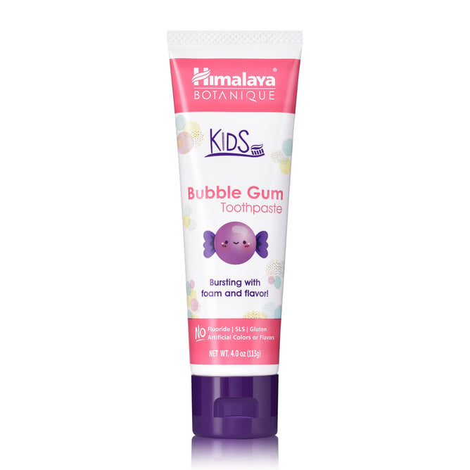 Himalaya Kids Toothpaste features a smiling bubble gum character and a pink cap, highlighting Bursting with foam and flavor! Its fluoride-free, infused with botanical ingredients, and weighs 4.0 oz (113g).