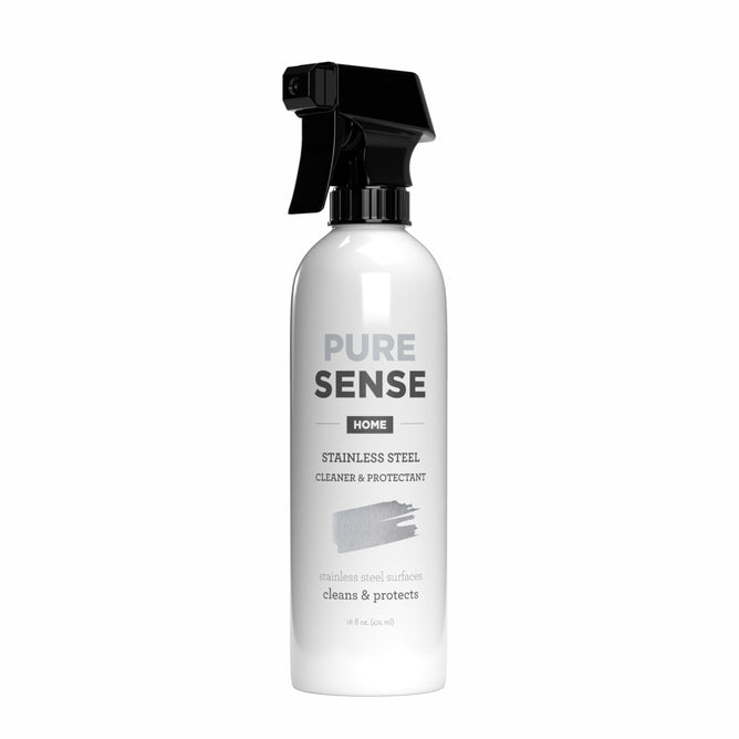 The Pure Sense Stainless Steel Cleaner/Protectant, in a 16 fl oz (474 mL) white spray bottle with a black nozzle, is your essential solution for effortlessly cleaning and protecting stainless steel surfaces from smudges and smears.
