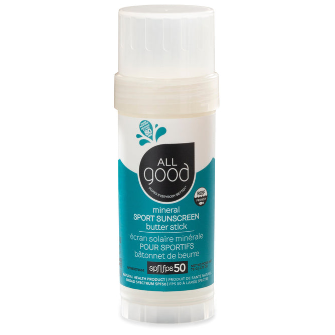The All Good Mineral Sport Sun Butter Stick - SPF 50 features a zinc-based formula and is reef-friendly. The predominantly white container has a distinctive teal band around the middle, emphasizing its commitment to protection.