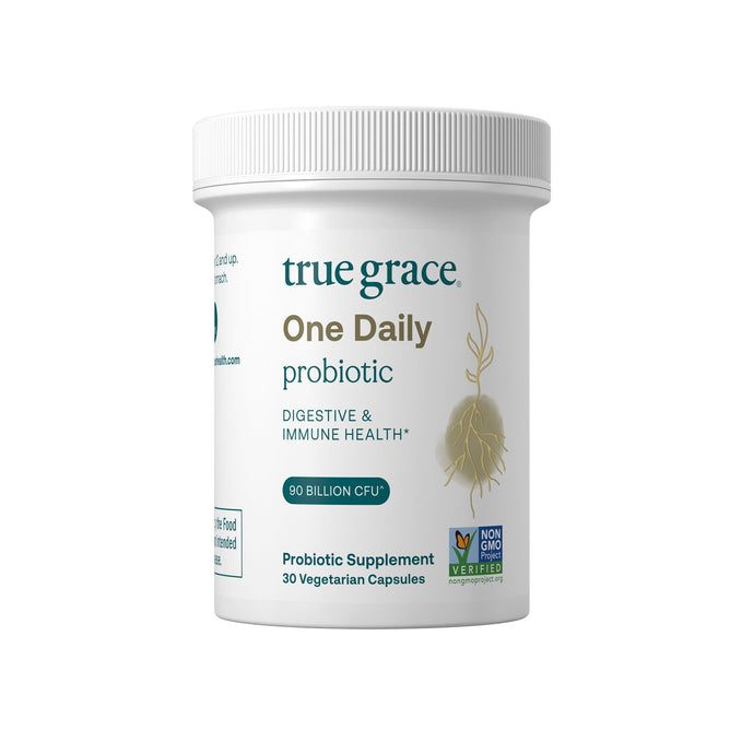 A white bottle of True Graces One Daily Probiotic - For Digestive & Immune Health with green text offers 90 Billion CFU, includes 30 vegetarian capsules with prebiotic fiber, and displays a Non-GMO Project Verified logo.
