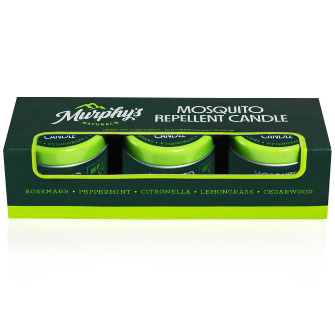 A set of three Murphys Naturals Mosquito Repellent Candles comes in a dark green box with bold white text, infused with rosemary, peppermint, citronella, lemongrass, and cedarwood scents—ideal for repelling insects.
