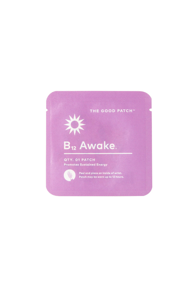 A pink square pouch labeled B12 Awake Single Patch Sample from The Good Patch is a perfect morning coffee substitute. Peel and stick it on your wrist for sustained energy lasting up to 12 hours.