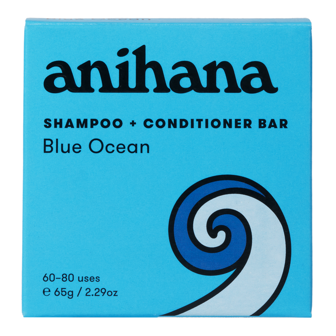 A blue box displays Anihana in black letters and is labeled 2 in 1 Shampoo & Conditioner Bar, Blue Ocean, featuring a stylized blue and white wave. This sustainable, travel-friendly hair care product offers 60-80 uses from its compact 65g/2.29oz size.