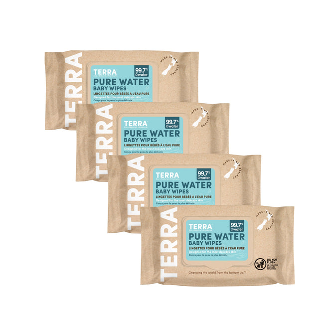 Three packs of Terra Baby Wipes - Pure New Zealand Water are lined up, each in brown packaging with white text and a blue label highlighting 99.7% pure New Zealand water. Each pack contains 80 wipes and is perfect for sensitive skin.