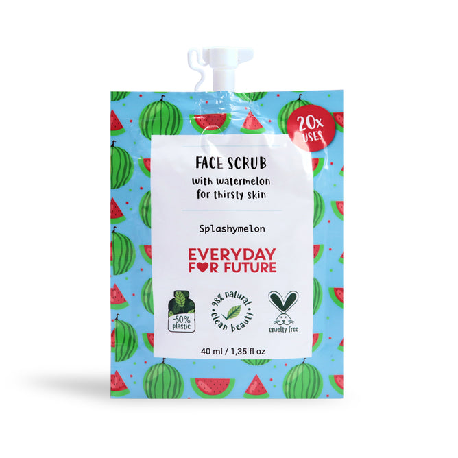 The Everyday For Future Splashmelon Face Scrub pouch features watermelon illustrations, is 52% natural, cruelty-free, and uses 50% less plastic. Each 40ml/1.35 fl oz package offers 20 uses.