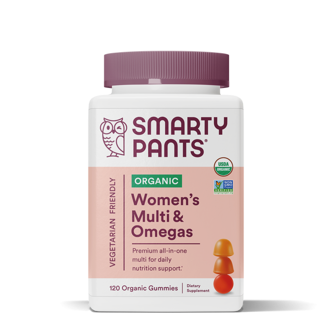 A bottle of SmartyPants Organic Womens Multi & Omegas Gummies offers 120 vegetarian-friendly gummies with vitamin B12 and omega-3 ALA. It features a small owl logo, provides daily nutritional support, and is USDA organic certified.
