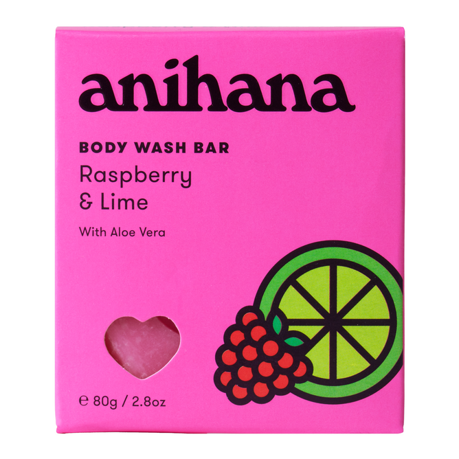 The Anihana Body Wash Bar features a Raspberry & Lime scent with soothing Aloe Vera. Packaged in a pink box with charming raspberry and lime illustrations, it includes a heart-shaped cutout displaying the vibrant pink bar.