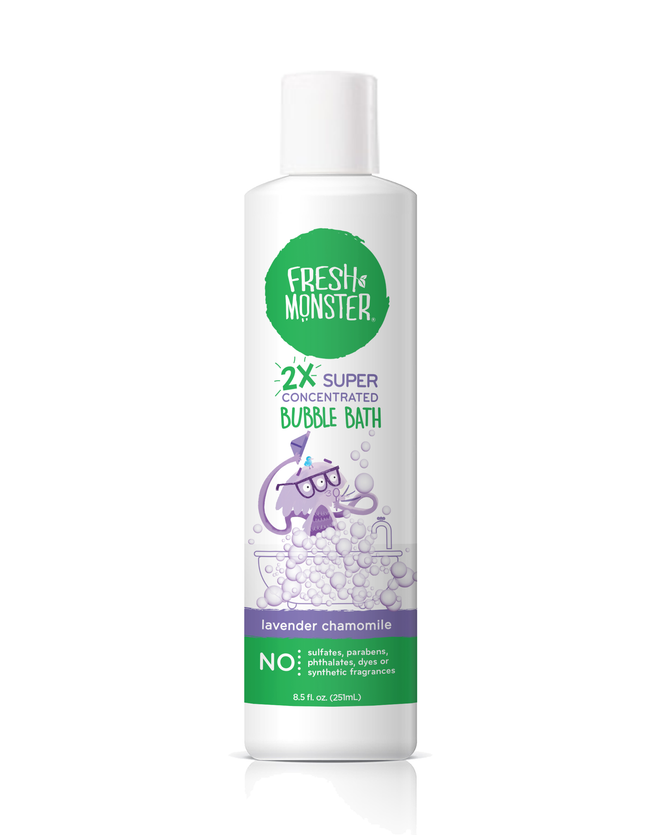 A bottle of Fresh Monster Kids 2X Concentrated Bubble Bath, scented with natural lavender chamomile, features a playful monster in a bubble-filled bath. This non-toxic product is free from sulfates, parabens, dyes, and synthetic fragrances.