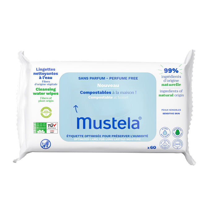 A packet of Mustela Compostable Cleansing Water Wipes features 60 perfume-free wipes made from 99% natural origin and plant-based fibers. The white packaging with blue text and green details highlights these sensitive skin-friendly baby wipes, ideal for home disposal.