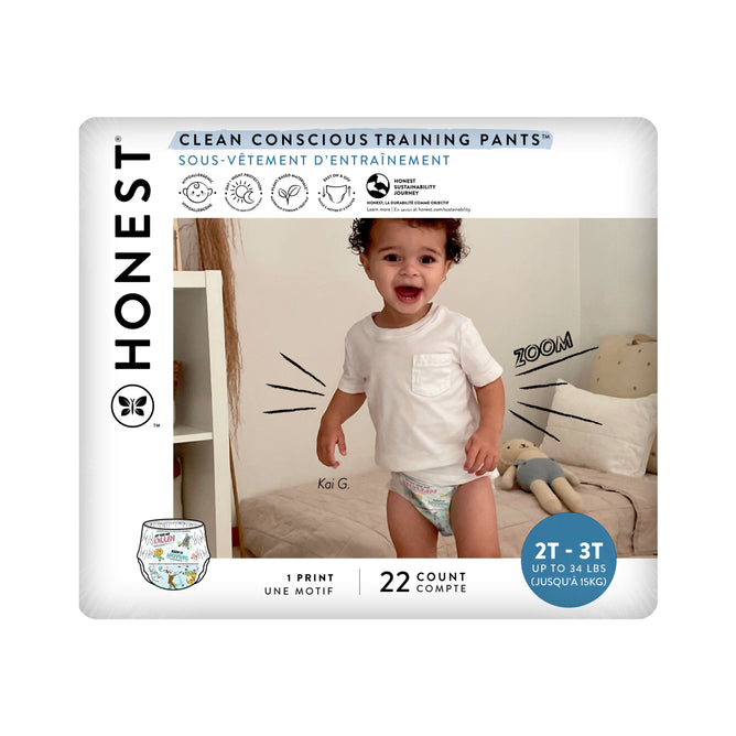 The image shows a pack of The Honest Company Training Pants - 2T/3T, perfect for potty training. The packaging displays a toddler proudly wearing the absorbent pants in a room. It includes 22 training pants.