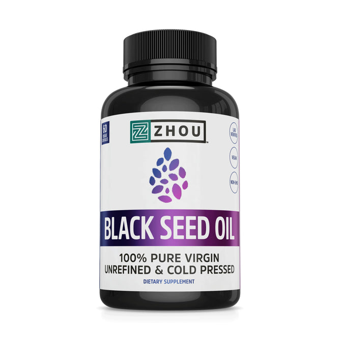 Zhou Nutritions Black Seed Oil dietary supplement offers antioxidant-rich immune support. Its 100% pure, virgin, unrefined, and cold-pressed. Packaged in a black bottle with purple, white, and green design elements; it contains 60 softgels.