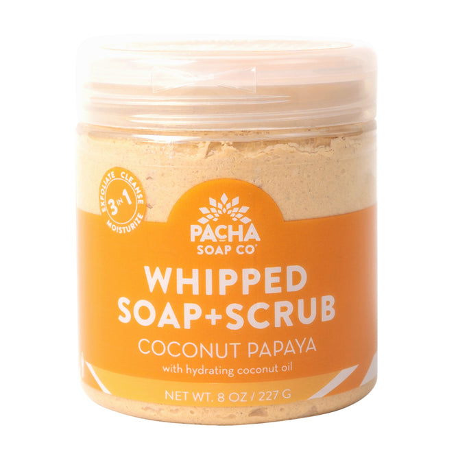The 8 oz Coconut Papaya Whipped Soap and Scrub from Pacha Soap Co. features an orange label with white text and offers a luxurious 3-in-1 experience to cleanse, exfoliate, and moisturize your skin.