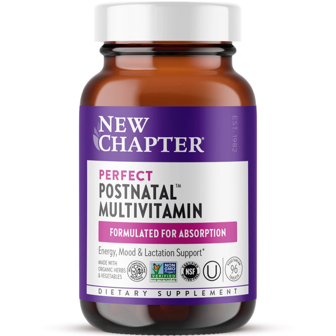The New Chapter Perfect Postnatal™ Multivitamin bottle has a purple label emphasizing energy, mood, and lactation support benefits. It features organic, non-GMO, and NSF certifications and is topped with an elegant white lid.