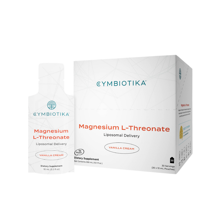 Cymbiotikas Magnesium L-Threonate packaging stylishly features a box and pouch, labeled Vanilla Cream for liposomal magnesium. The design is modern, with a white background and teal accents to support brain function and tackle magnesium deficiency.