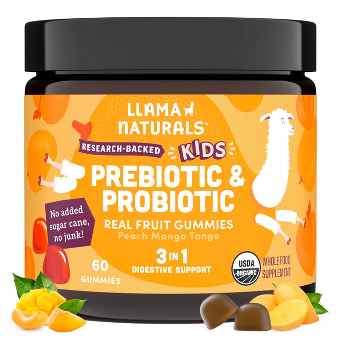 Llama Naturals Kids Real Fruit Pre & Probiotic Gummies in Peach Mango Tango are Research-Backed and provide 3 in 1 Digestive Support. USDA Organic, they contain real-fruit probiotics with no added sugar or artificial ingredients.