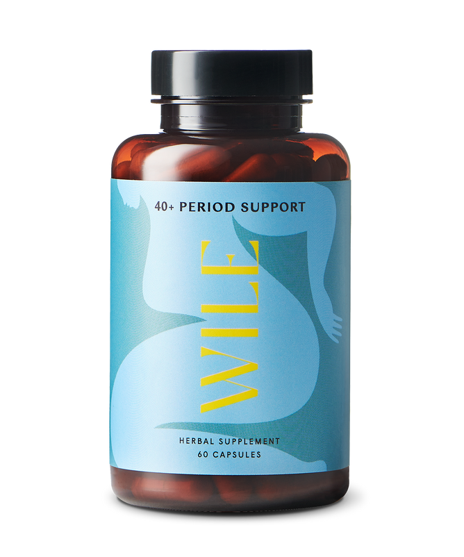 The WILE 40+ Period Support herbal supplement provides PMS relief with 60 capsules. The bottle features a sleek black cap, abstract blue-tone art, and black text.