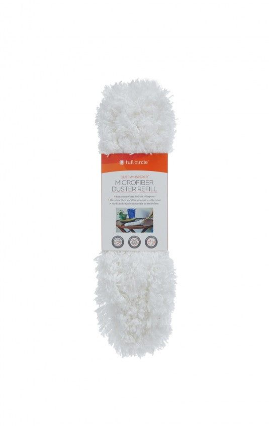 Image of a fluffy white Dust Whisperer Filament Duster Refill in packaging. The packaging is white with an orange banner, featuring cleaning use images and the text Microfiber Duster Refill by Full Circle, with advanced microfiber filaments for enhanced dust collection.