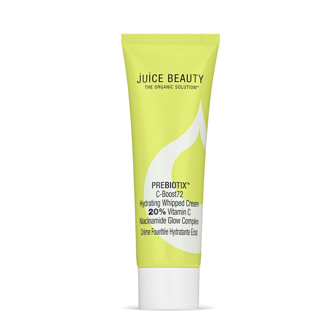 Juice Beautys Prebiotix Vitamin C + Niacinamide Whipped Cream features a light green tube with black and white text, highlighting its 20% Glow Complex. This antioxidant blend promises an instant glow and effortless skin revitalization.