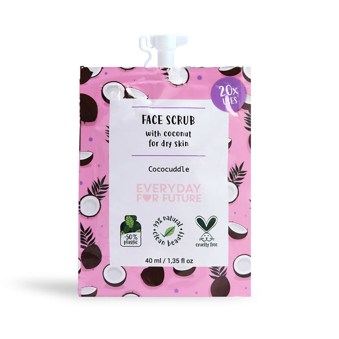 Explore the Face Scrub - Cococuddle by Everyday For Future, featuring a pink coconut-patterned pouch perfect for dry skin. With 99% natural, vegan, and cruelty-free ingredients, it offers gentle exfoliation in a 40 ml eco-friendly recycled plastic pouch with a white cap for 20 uses.