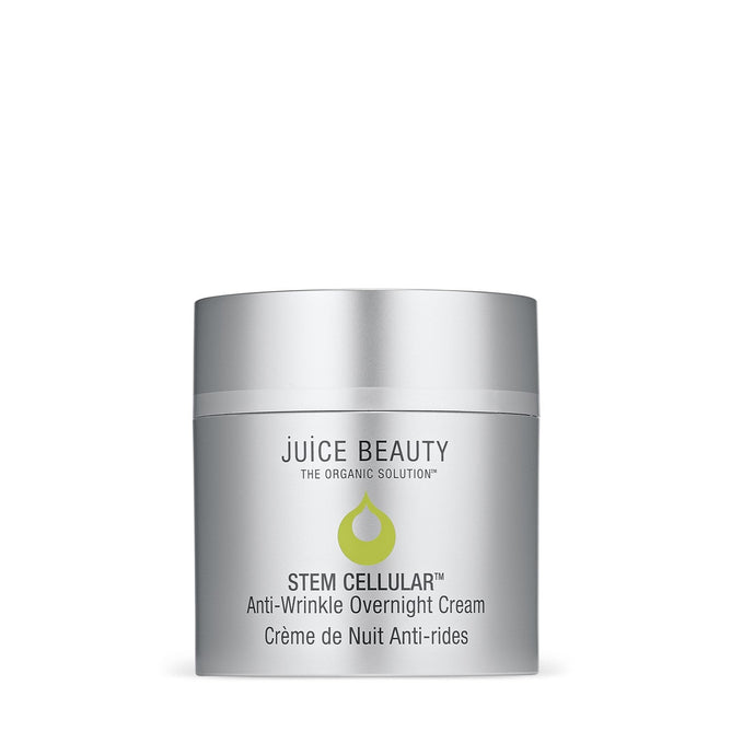 A silver container labeled Juice Beauty features the Stem Cellular Anti-Wrinkle Ceramide Overnight Cream, adorned with a green droplet logo and the French text Crème de Nuit Anti-rides below.