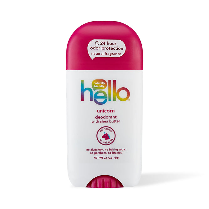 The hello Unicorn Deodorant features white and pink packaging with colorful text and a unicorn illustration. It contains shea butter and natural oils and waxes, offers 24-hour odor protection, and is free from aluminum, baking soda, parabens, or phthalates.