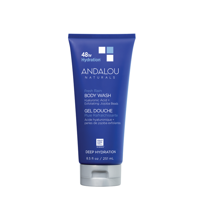 A tube of Andalou Naturals Deep Hydration Fresh Rain Body Wash is shown on a white background. The label features 48hr Deep Hydration with hyaluronic acid and exfoliating jojoba beads, offering a Fresh Rain scent in an 8.5 fl oz (251 ml) tube.