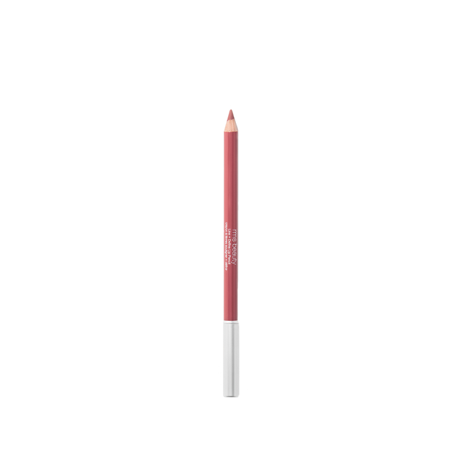 A richly pigmented RMS Beauty Lip Pencil with a silver cap sits elegantly on a white background. The creamy red pencil is sharpened, revealing its tip for precise application.