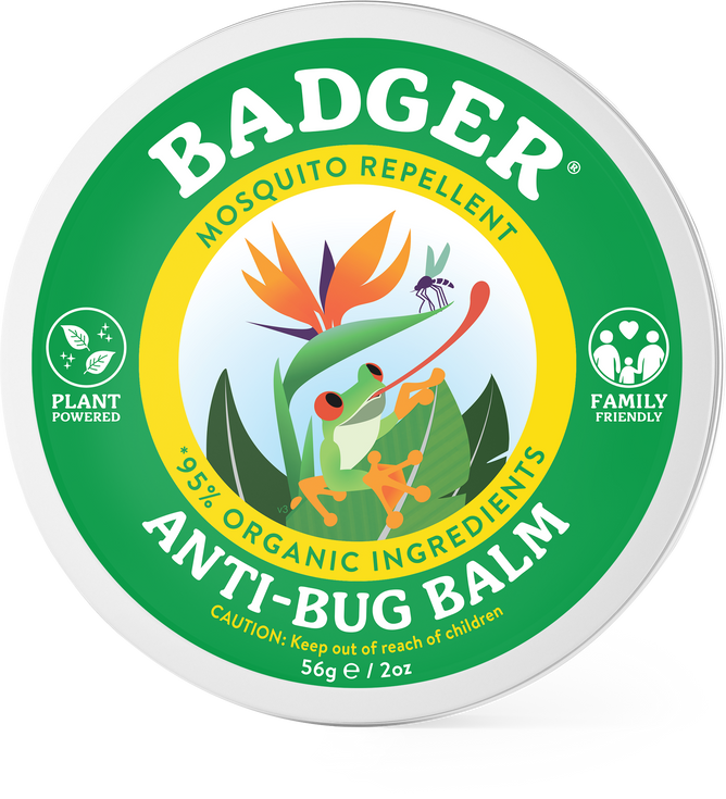 Badger Balms Anti-Bug Balm comes in a round tin featuring green and yellow illustrations of a frog, mosquito, and flower. It promotes Mosquito Repellent, 95% Organic Ingredients, Plant Powered, and Family Friendly. Infused with citronella, it provides DEET-free bug protection.