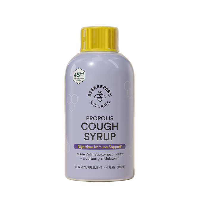 The 4 fl oz (118 ml) Beekeepers Naturals Propolis Cough Syrup Nighttime, featuring a yellow cap, highlights immune support and sleep promotion with soothing buckwheat honey, elderberry, and melatonin.