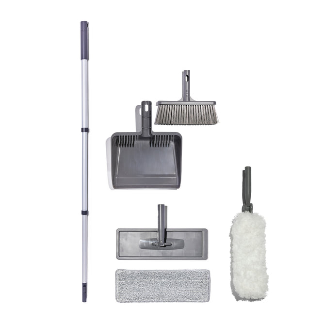 The Universal Handle Cleaning Starter Set by Grove Co. is displayed on a white background, showcasing a collapsible handle, small brush with dustpan, mop head with replaceable microfiber mop head, and fluffy duster head—all in stylish gray and white tones.