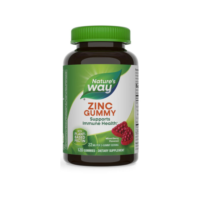 The Natures Way Zinc Gummy dietary supplement bottle with a green lid displays Zinc Gummy - Supports Immune Health on its label. The mixed berry gummies, made with plant-based pectin, contain 120 pieces and feature a berry image.