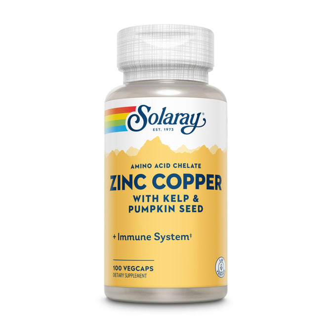 The image showcases a Solaray dietary supplement bottle of Zinc Copper Amino Acid Chelate with Kelp & Pumpkin Seed, highlighted by its yellow label and rainbow stripe. Formulated to support the thyroid and immune system, it contains 100 VegCaps.