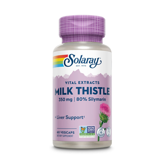 A Solaray Vital Extracts Milk Thistle bottle image shows 350 mg with 80% silymarin, promoting liver health. It contains 60 vegetarian capsules and features a pink thistle flower on its label, highlighting its non-GMO certification and natural liver support benefits.